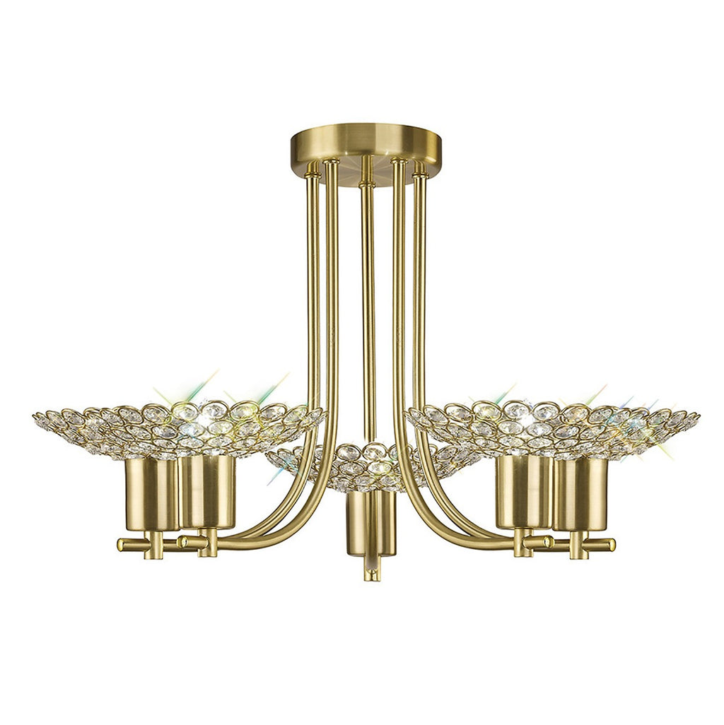 Diyas Ellen 5 Light Semi Flush Ceiling Light in Satin Brass with Crystal