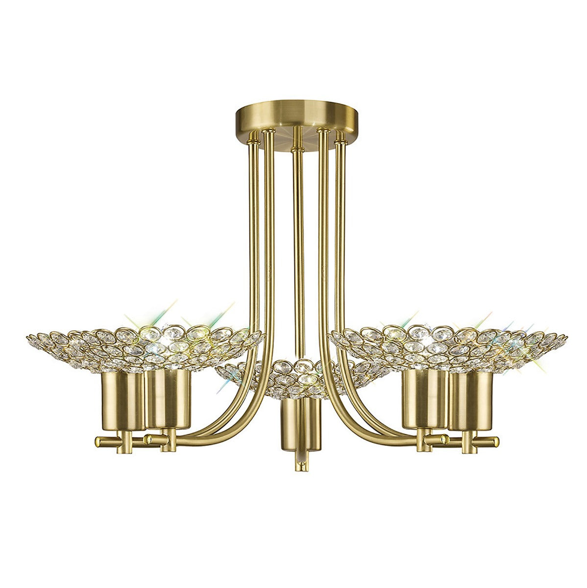 Diyas Ellen 5 Light Semi Flush Ceiling Light in Satin Brass with Crystal