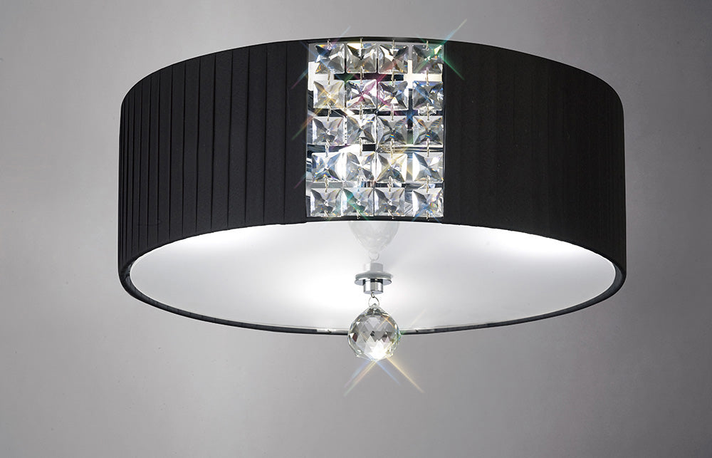 Diyas Evelyn 3 Light Round Ceiling Light in Polished Chrome with Crystal and Black Shade