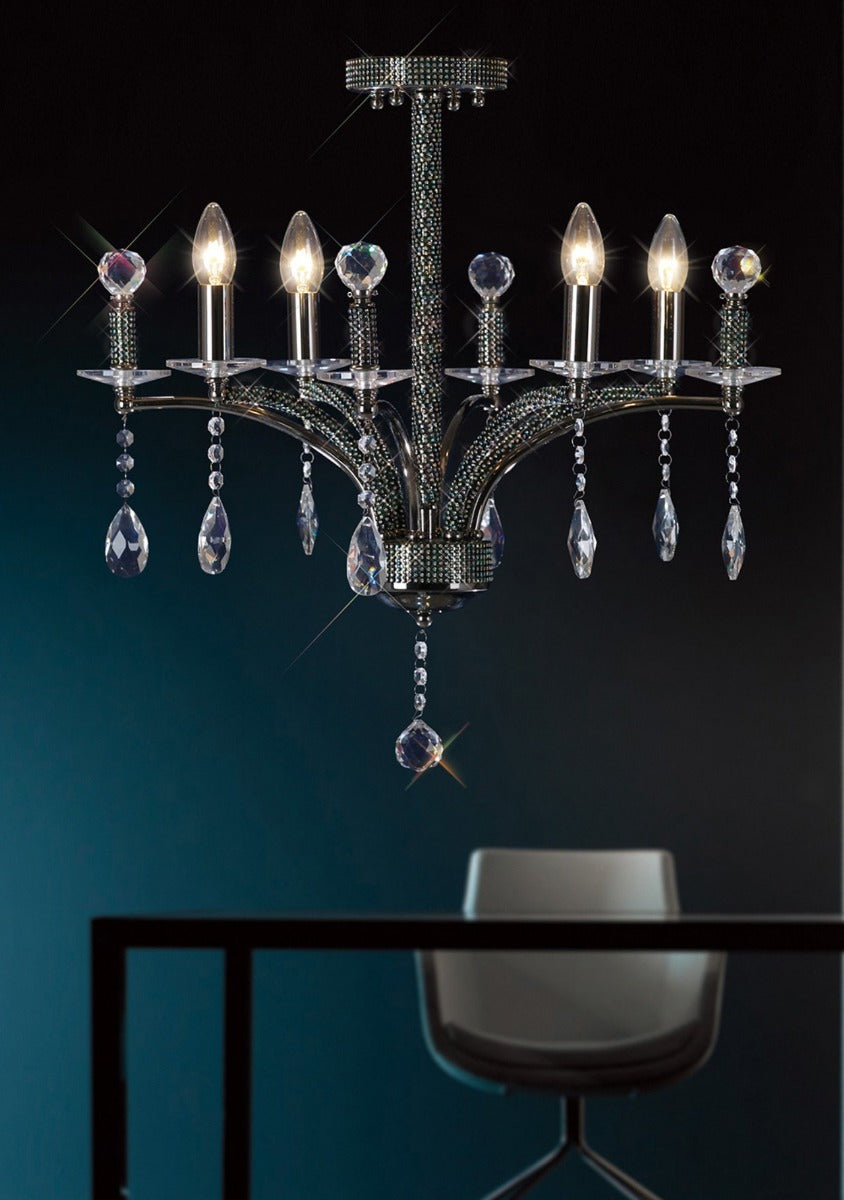 Diyas Fiore 6 Light Semi Flush Ceiling Light in Black Chrome with Crystal