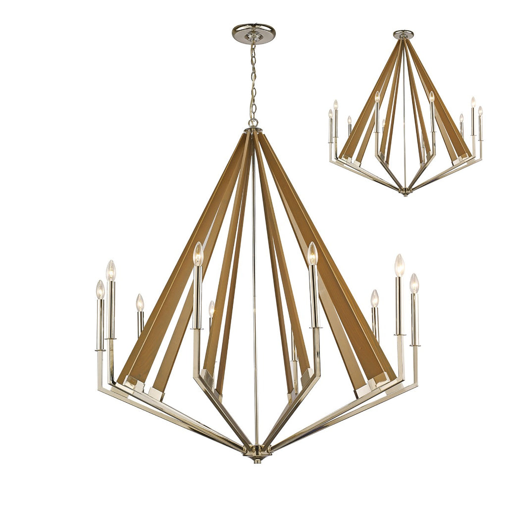 Diyas Hilton 10 Light Decagonal Pendant Light in Polished Nickel with Taupe Wood
