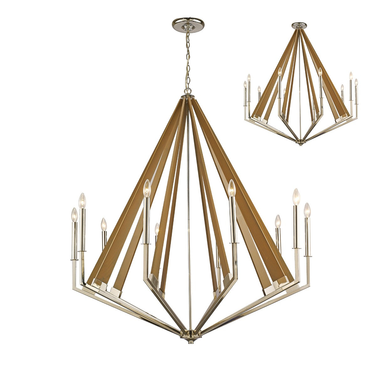 Diyas Hilton 10 Light Decagonal Pendant Light in Polished Nickel with Taupe Wood