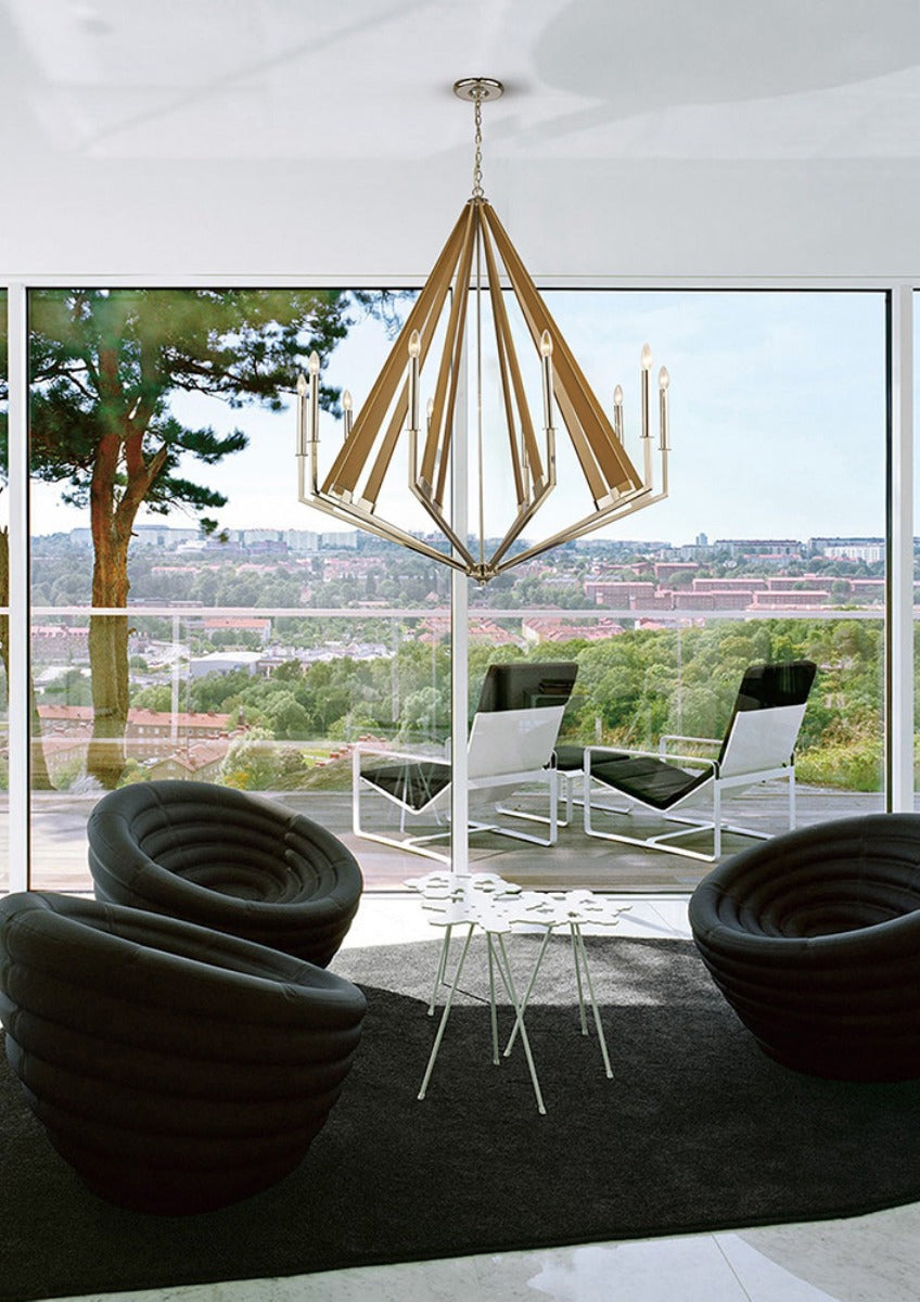 Diyas Hilton 10 Light Decagonal Pendant Light in Polished Nickel with Taupe Wood