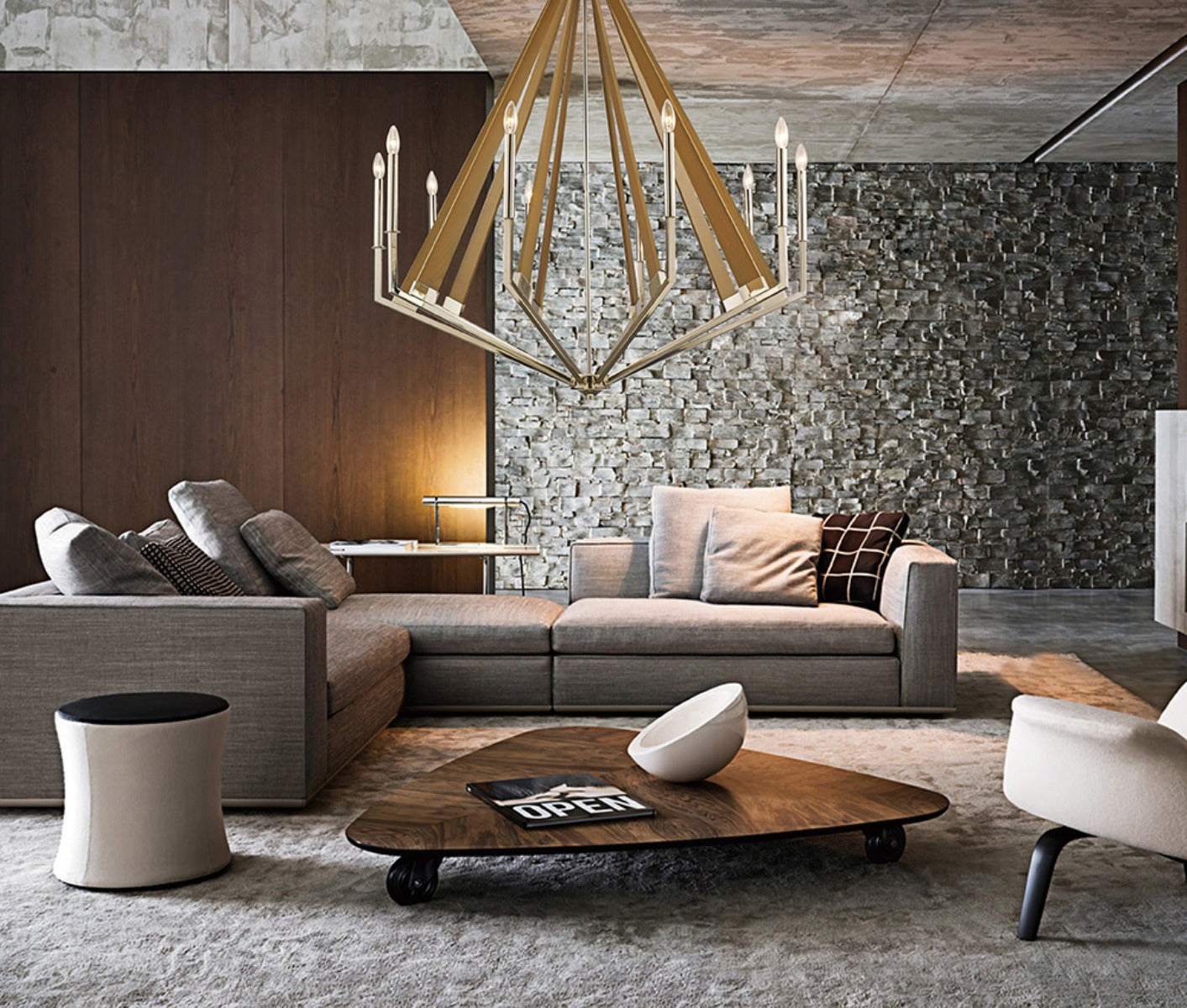 Diyas Hilton 10 Light Decagonal Pendant Light in Polished Nickel with Taupe Wood