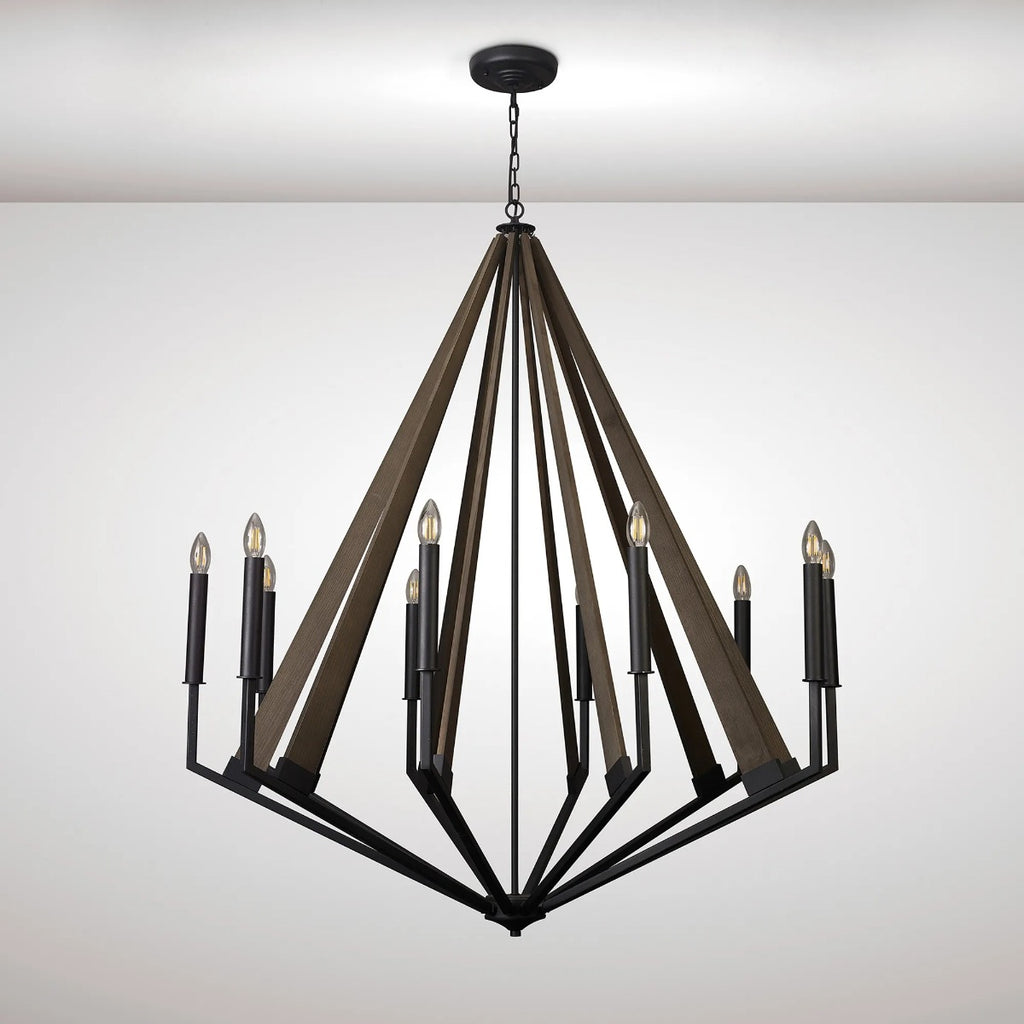 Diyas Hilton 10 Light Decagonal Pendant Light in Satin Black with Dark Grey Wood