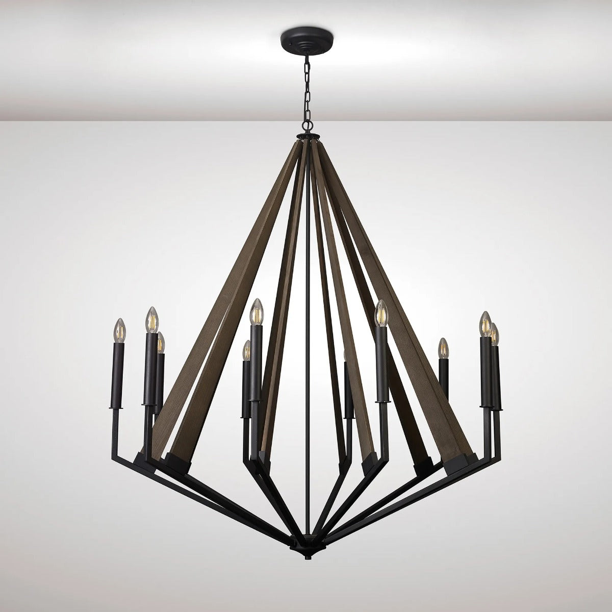 Diyas Hilton 10 Light Decagonal Pendant Light in Satin Black with Dark Grey Wood