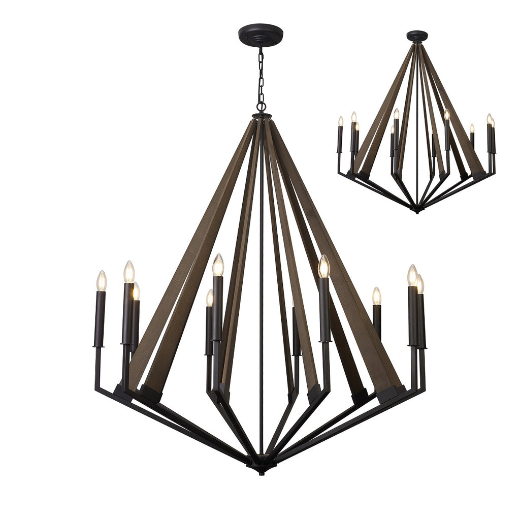 Diyas Hilton 10 Light Decagonal Pendant Light in Satin Black with Dark Grey Wood