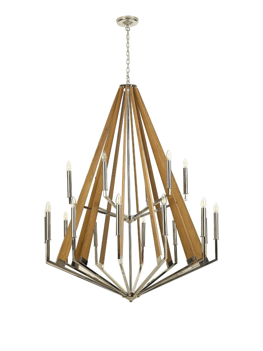 Diyas Hilton 18 Light Tiered Pendant Light in Polished Nickel with Taupe Wood