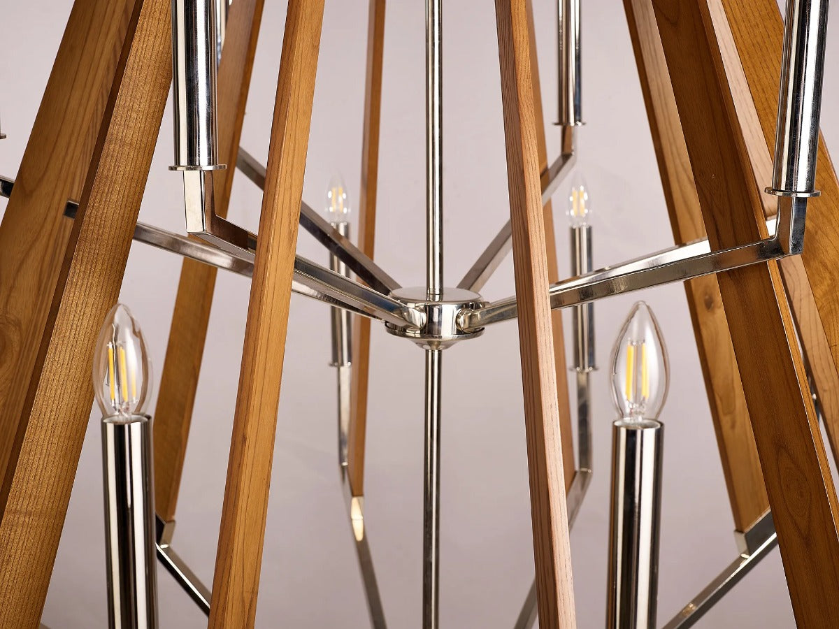 Diyas Hilton 18 Light Tiered Pendant Light in Polished Nickel with Taupe Wood