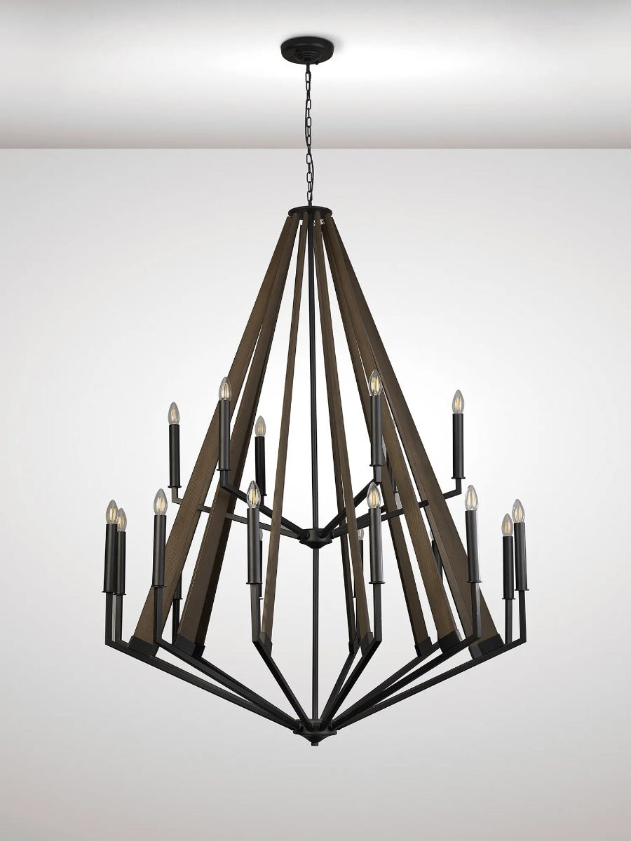 Diyas Hilton 18 Light Tiered Pendant Light in Satin Black with Dark Grey Wood