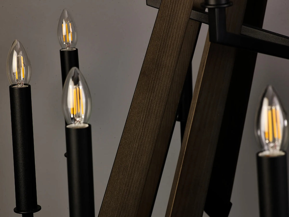 Diyas Hilton 18 Light Tiered Pendant Light in Satin Black with Dark Grey Wood