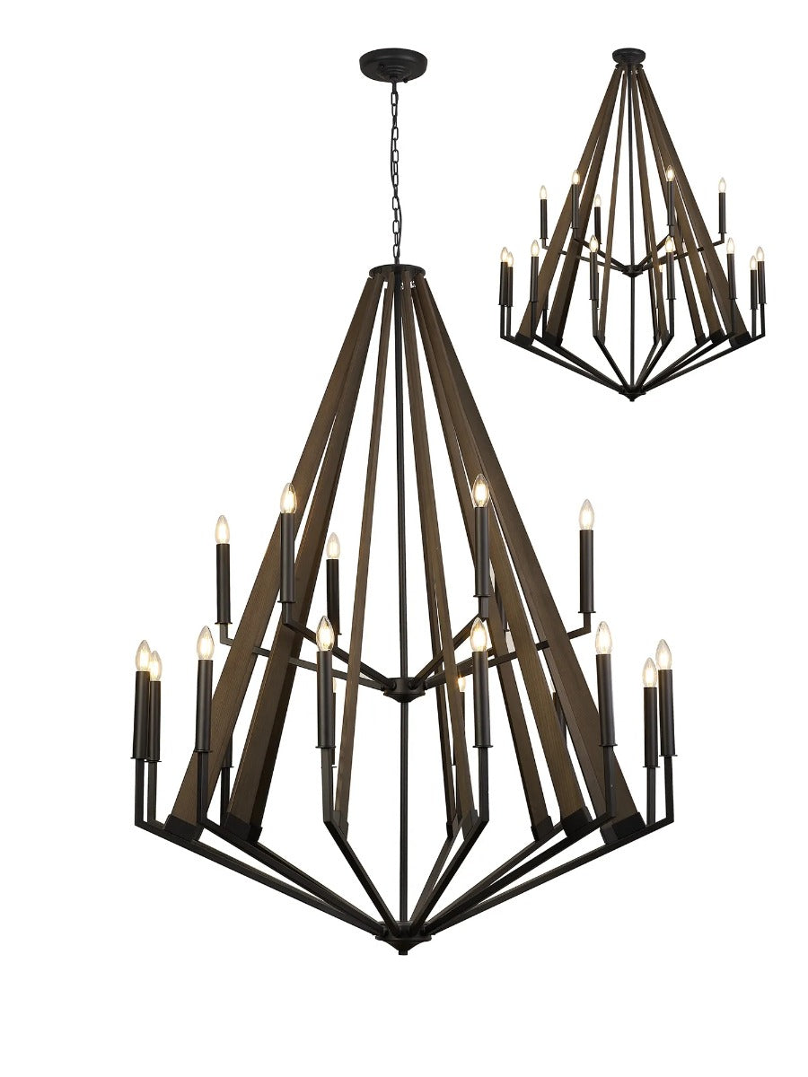 Diyas Hilton 18 Light Tiered Pendant Light in Satin Black with Dark Grey Wood