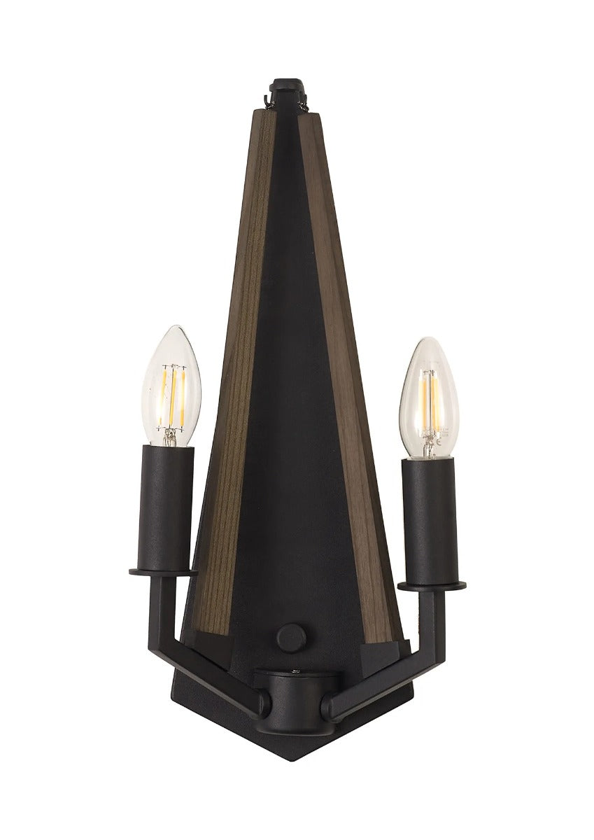 Diyas Hilton 2 Light Wall Light in Satin Black with Dark Grey Wood