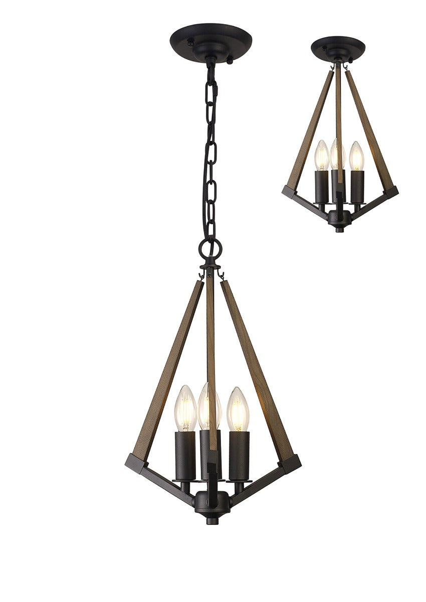 Diyas Hilton 3 Light Tetragonal Pendant Light in Satin Black with Dark Grey Wood