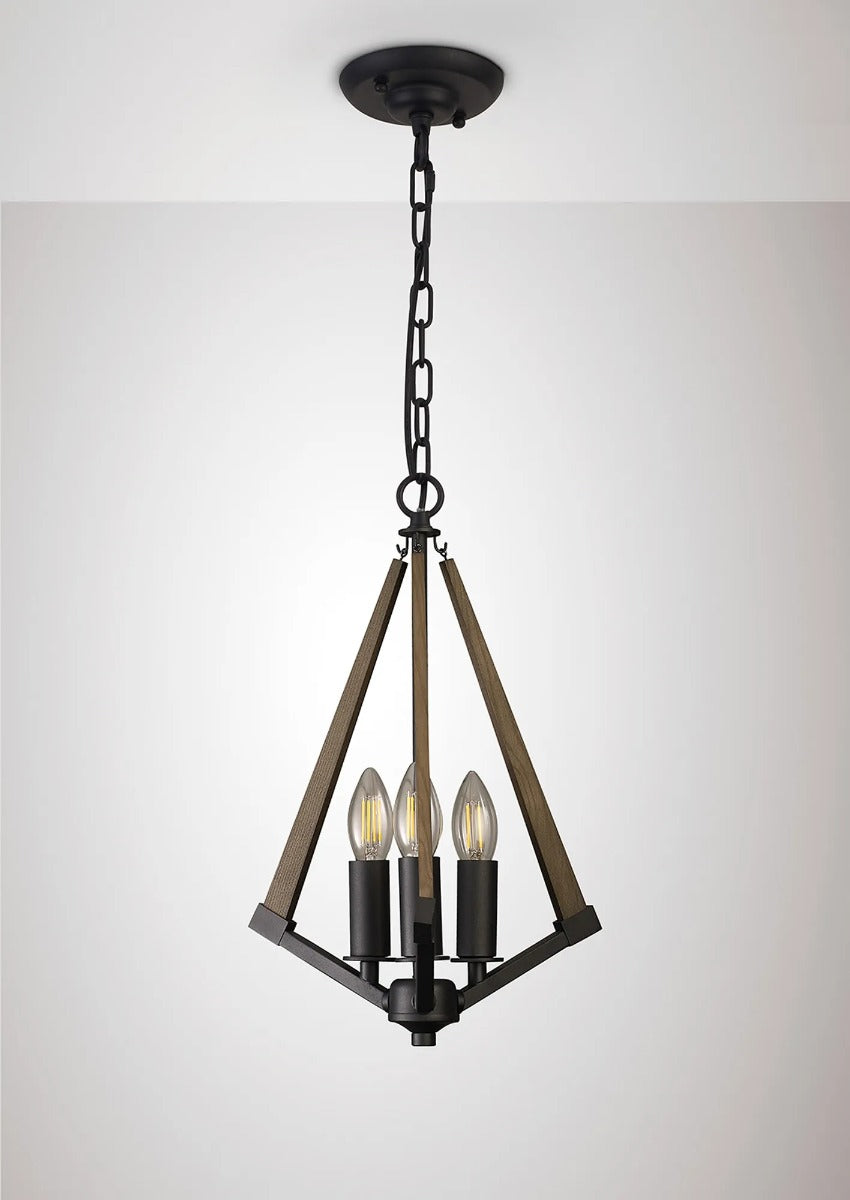 Diyas Hilton 3 Light Tetragonal Pendant Light in Satin Black with Dark Grey Wood