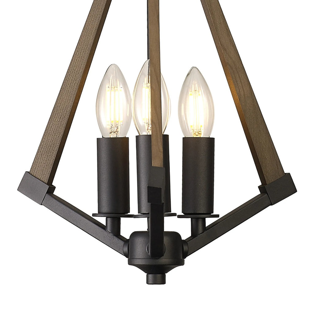 Diyas Hilton 3 Light Tetragonal Pendant Light in Satin Black with Dark Grey Wood
