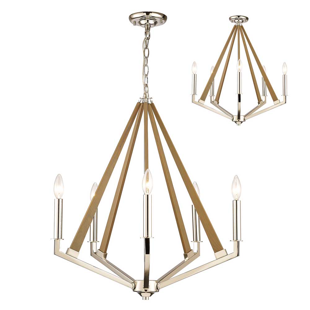 Diyas Hilton 5 Light Pentagonal Pendant Light in Polished Nickel with Taupe Wood