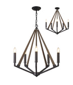 Diyas Hilton 5 Light Pentagonal Pendant Light in Satin Black with Dark Grey Wood