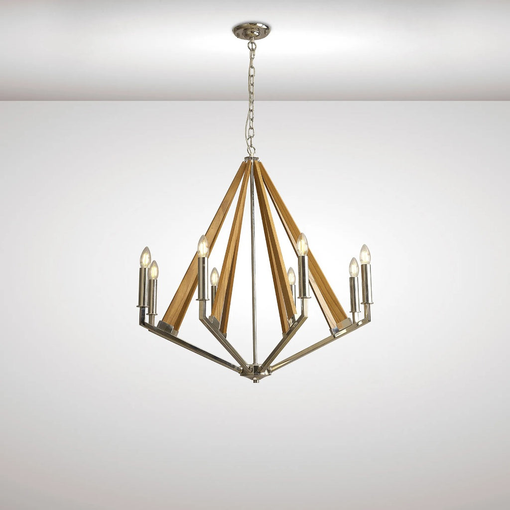 Diyas Hilton 8 Light Octagonal Pendant Light in Polished Nickel with Taupe Wood