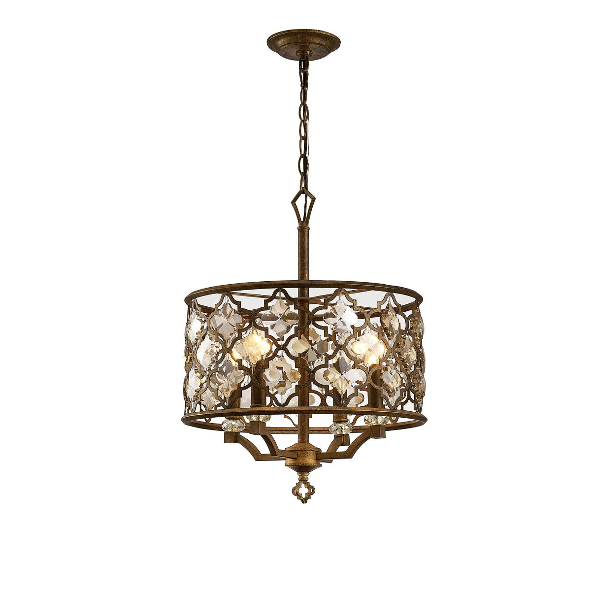 Diyas Indie 4 Light Round Pendant Light in Mocha Teak Plated with Crystal