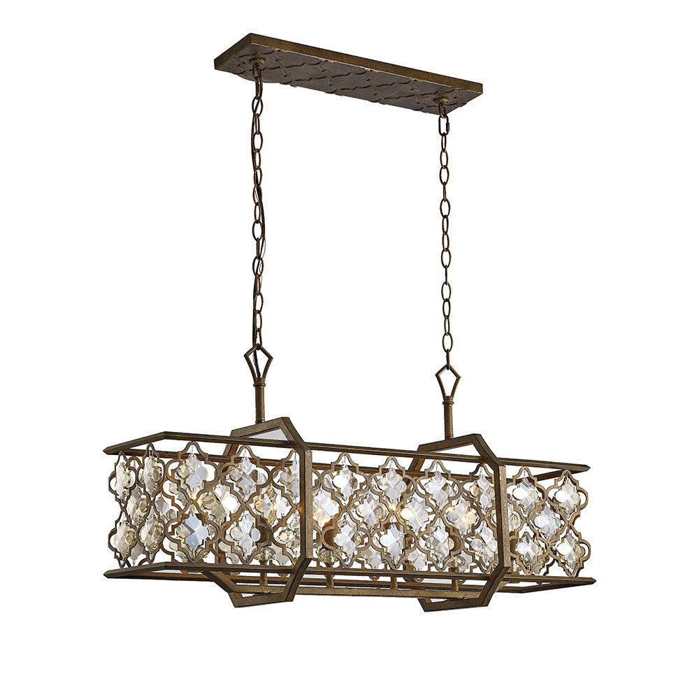 Diyas Indie 6 Light Rectangular Pendant Light in Mocha Teak Plated with Crystal