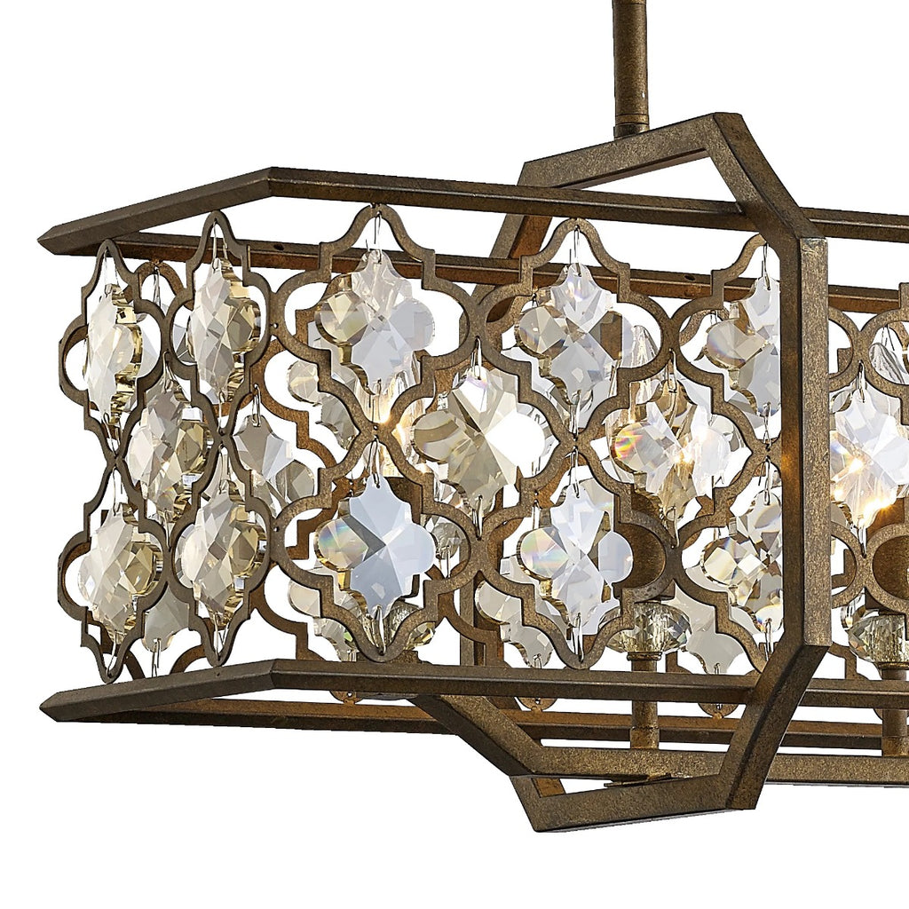 Diyas Indie 6 Light Rectangular Pendant Light in Mocha Teak Plated with Crystal