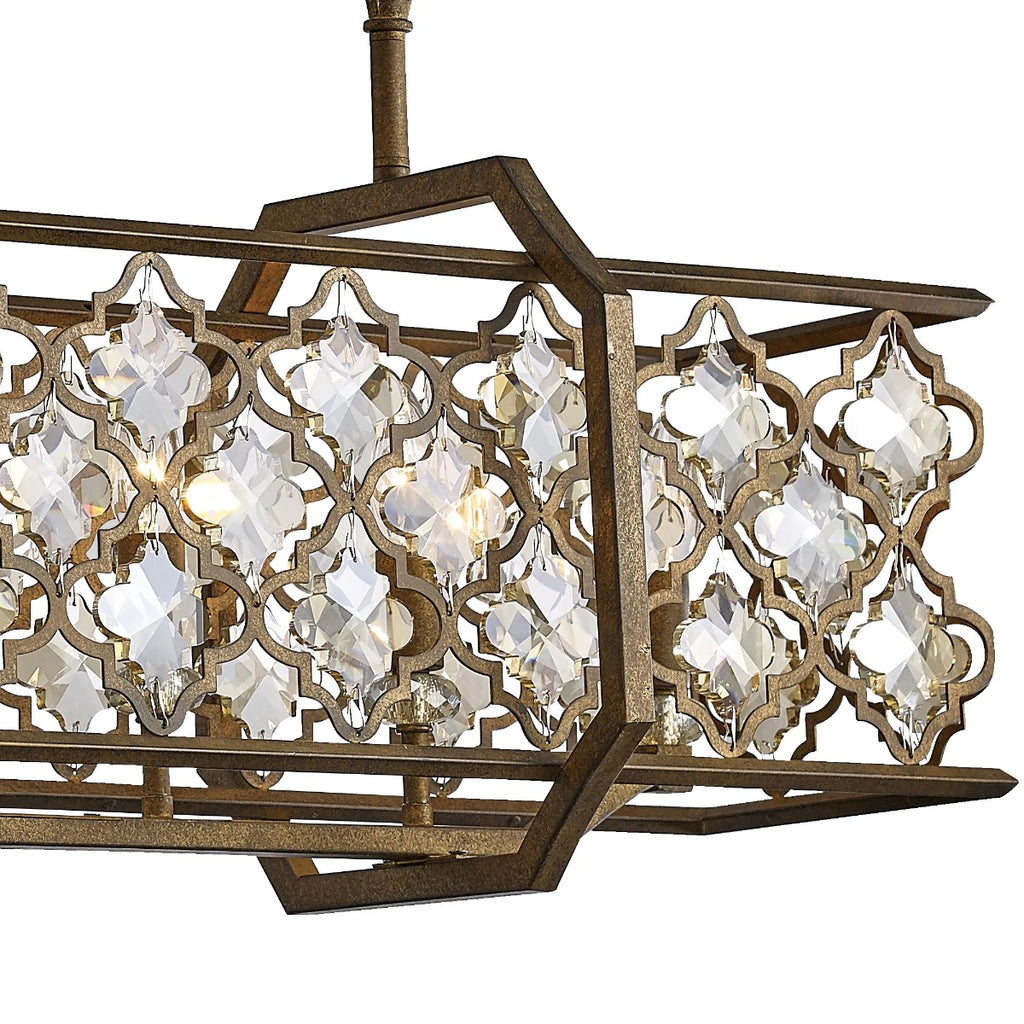 Diyas Indie 6 Light Rectangular Pendant Light in Mocha Teak Plated with Crystal