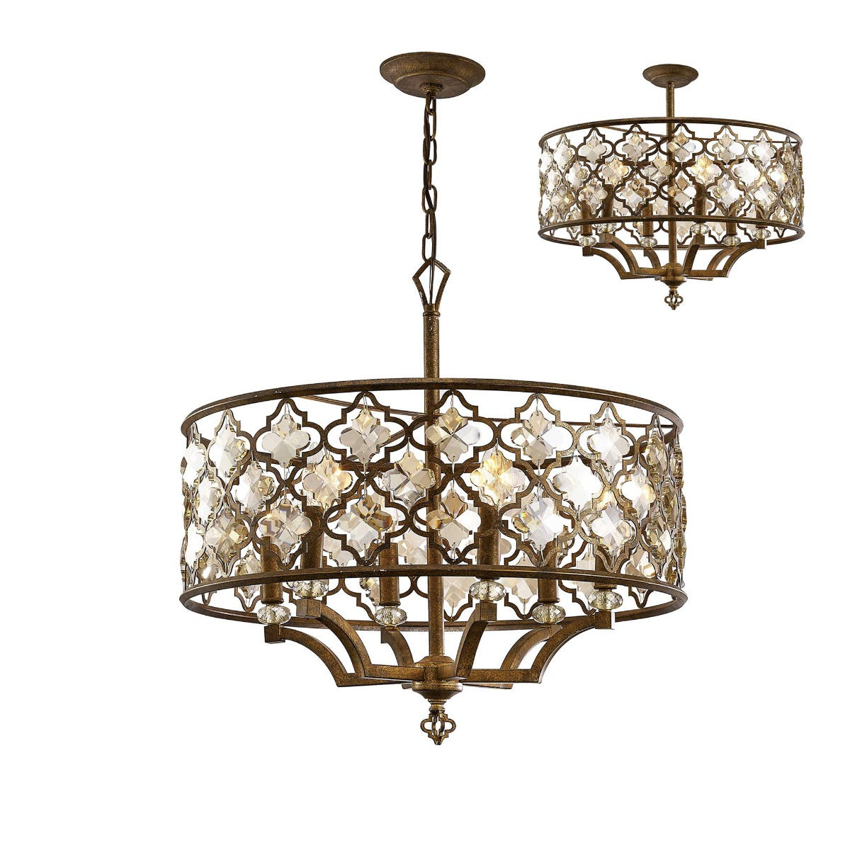 Diyas Indie 6 Light Round Pendant Light in Mocha Teak Plated with Crystal