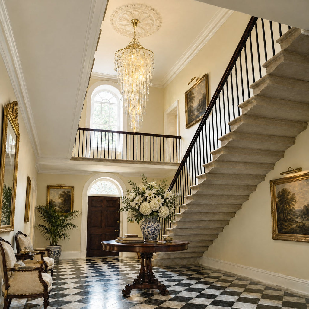 Diyas Inina 15 Light Tall Pendant in French Gold with Crystal lit in a double height Georgian stairwell