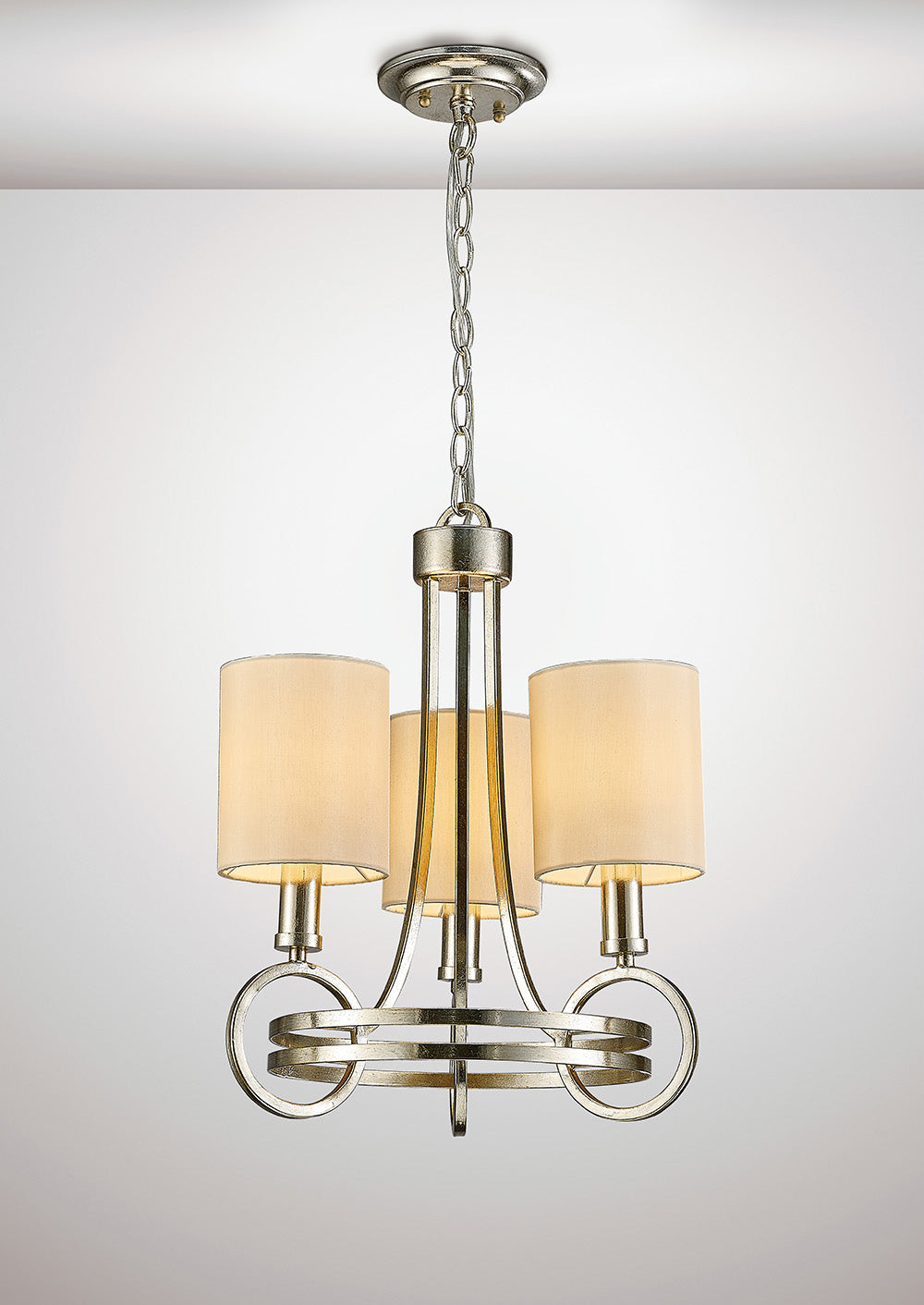 Diyas Isabella 3 Light Pendant Light in Antique Silver Teak Plated with Beige Shade
