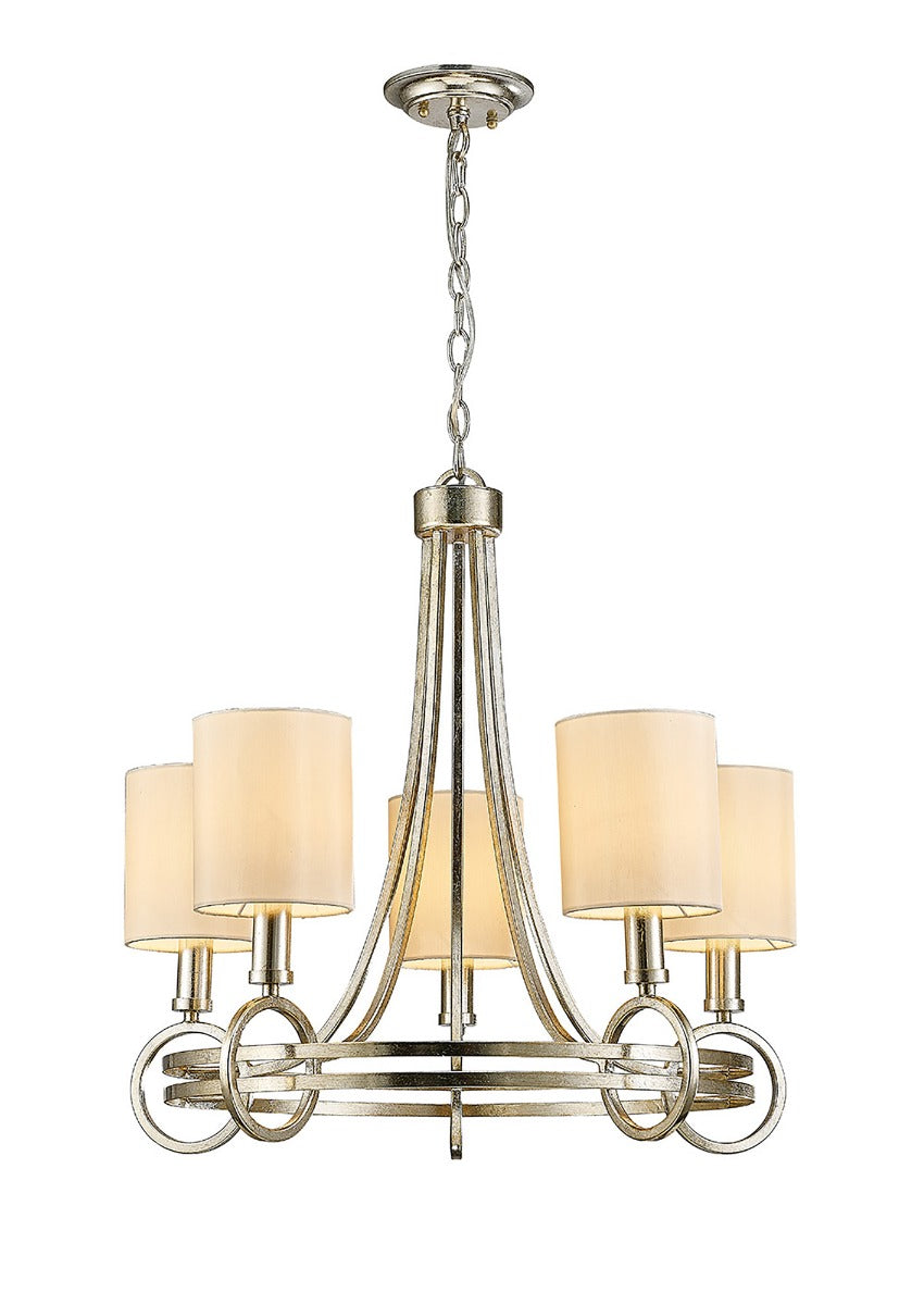 Diyas Isabella 5 Light Pendant Light in Antique Silver Teak Plated with Beige Shade