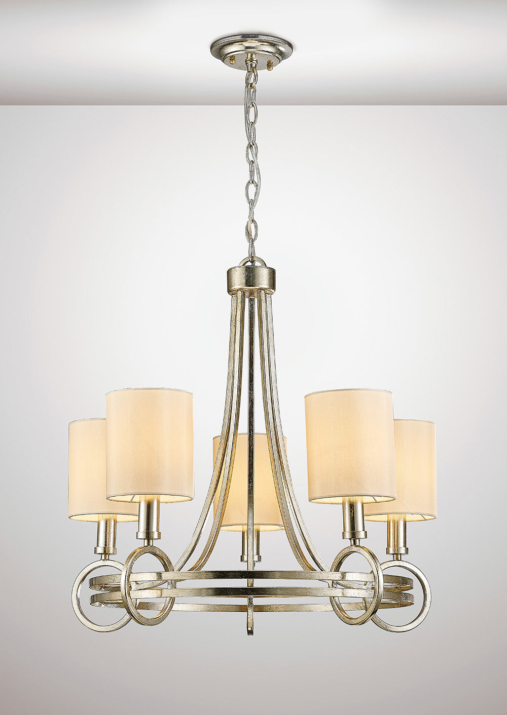 Diyas Isabella 5 Light Pendant Light in Antique Silver Teak Plated with Beige Shade