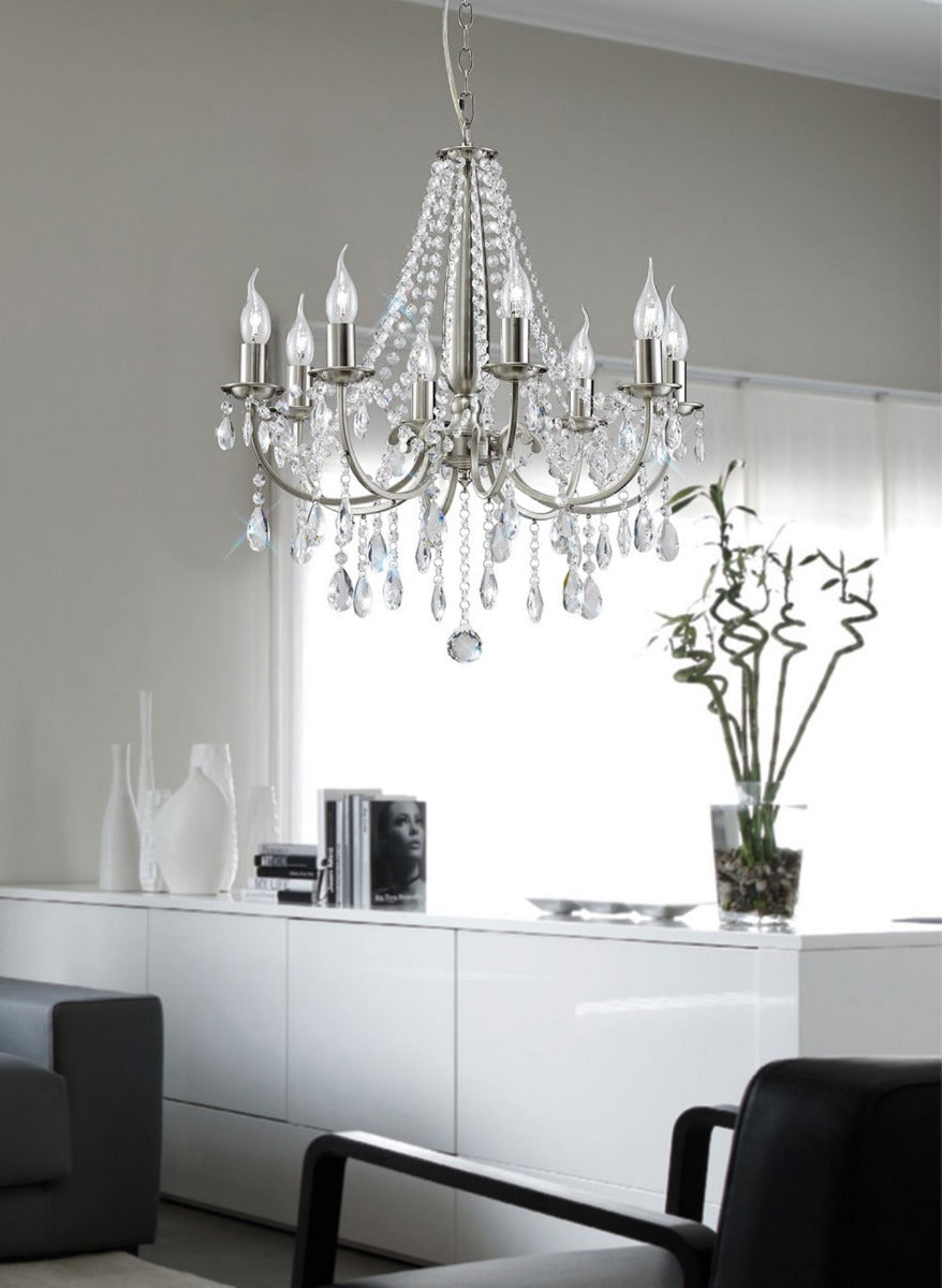 Diyas Kyra 8 Light Pendant Light in Satin Nickel with Crystal