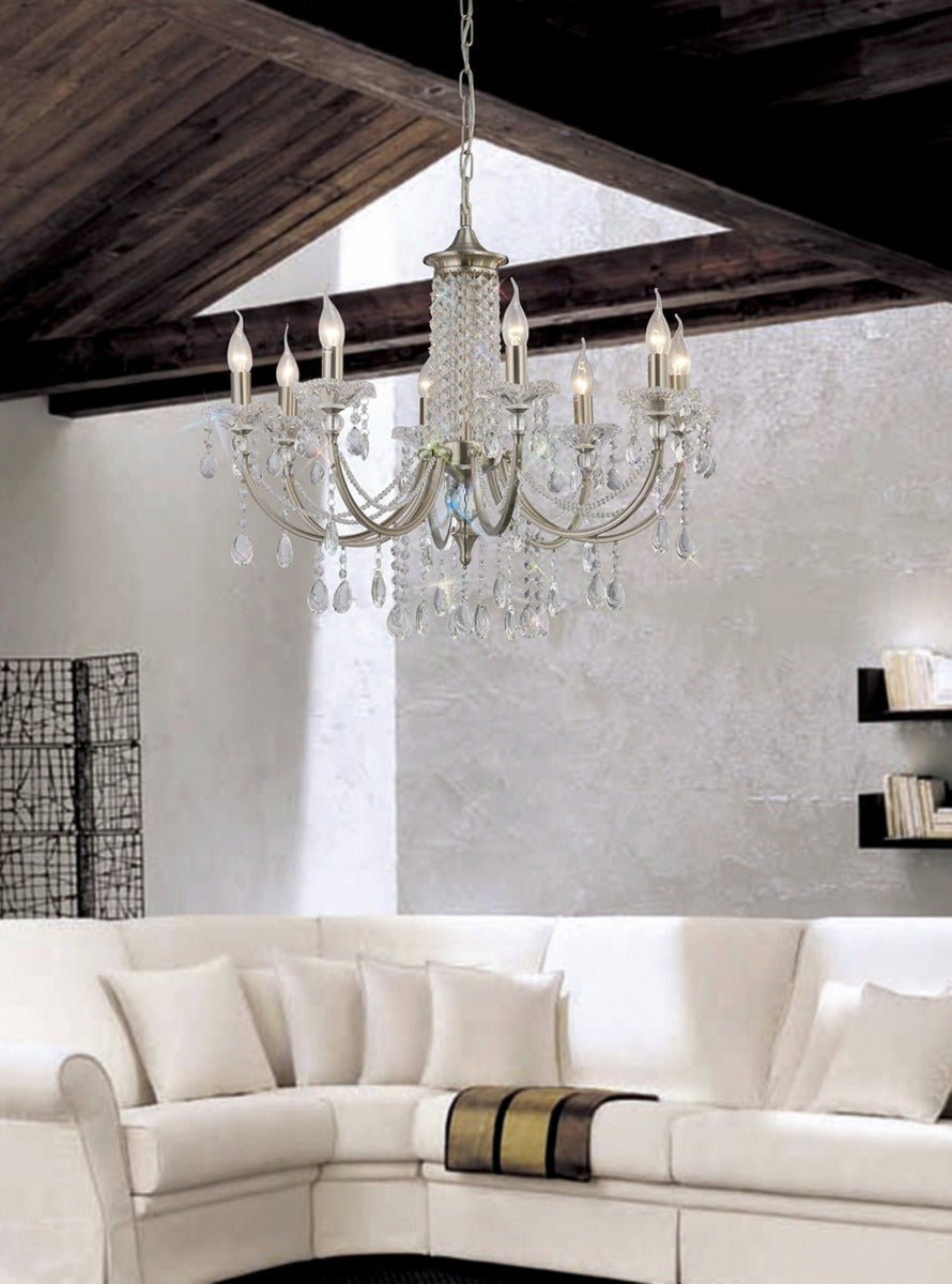 Diyas Leana 8 Light Pendant Light in Satin Nickel with Crystal