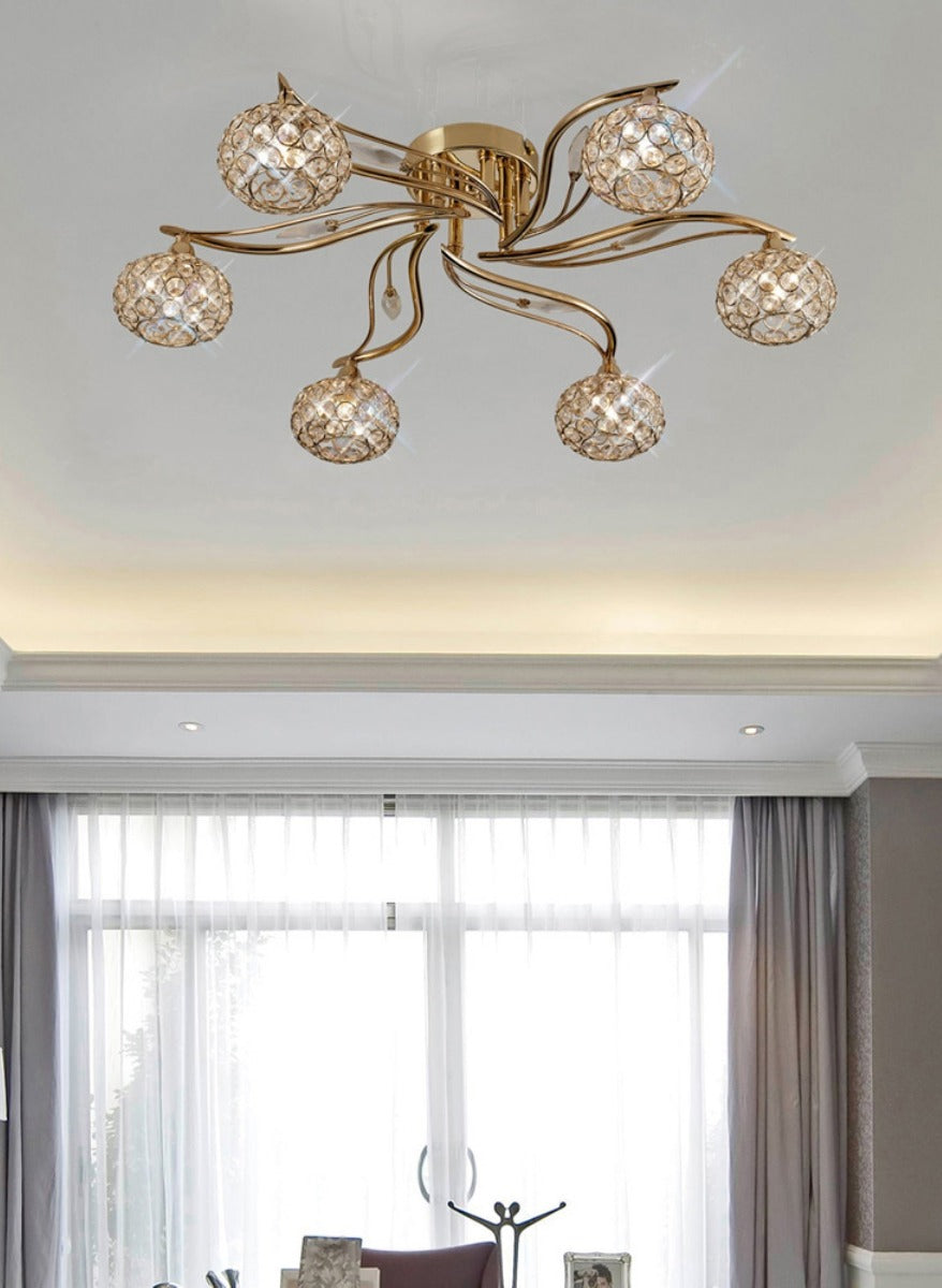 Diyas Leimo 6 Light Semi Flush Ceiling Light in French Gold with Crystal