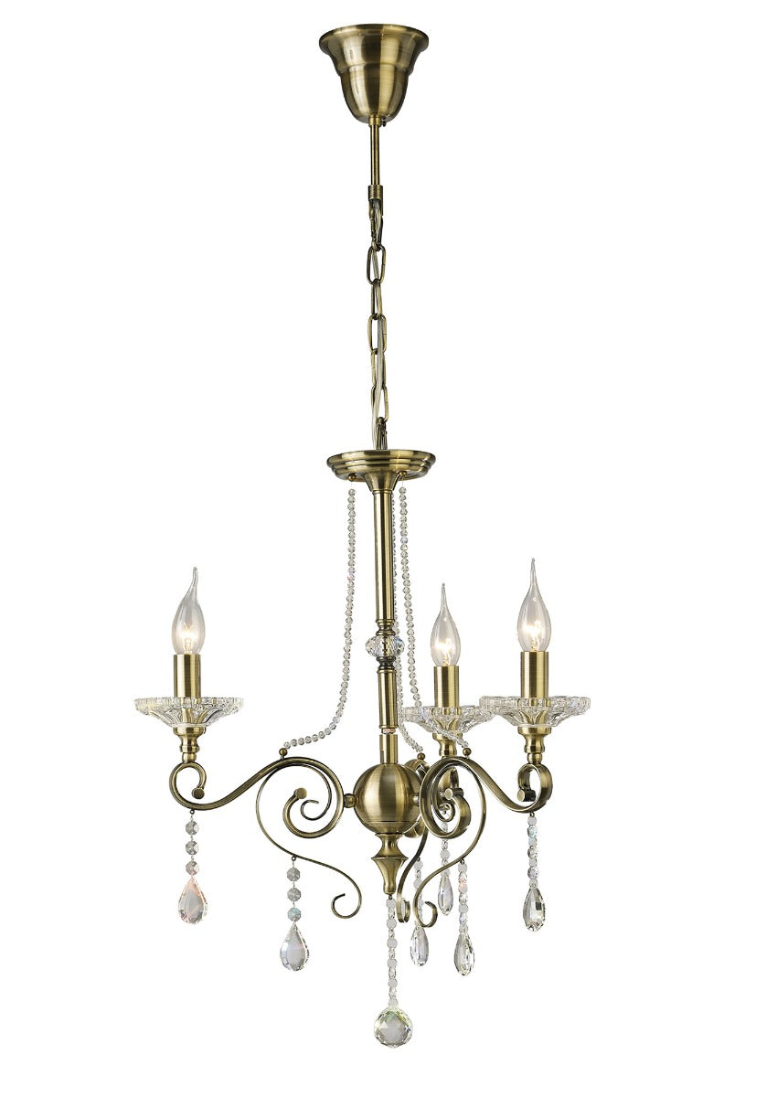 Diyas Libra 3 Light Pendant Light in Antique Brass with Crystal