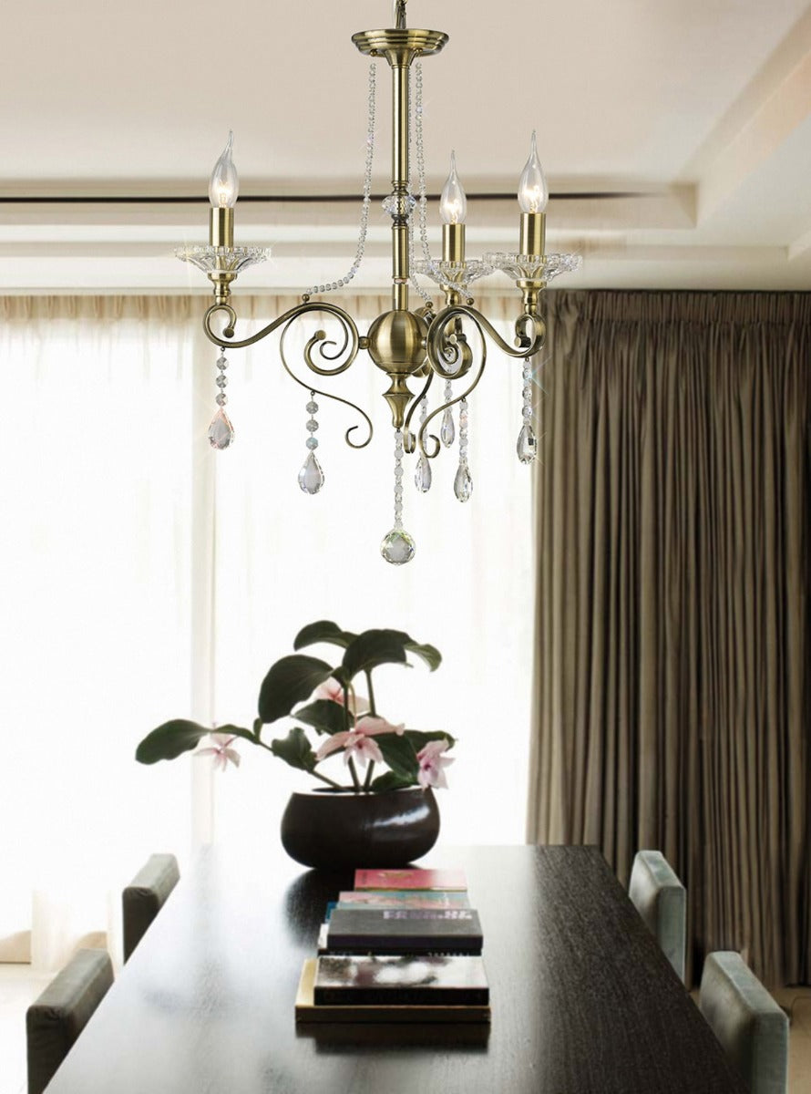 Diyas Libra 3 Light Pendant Light in Antique Brass with Crystal