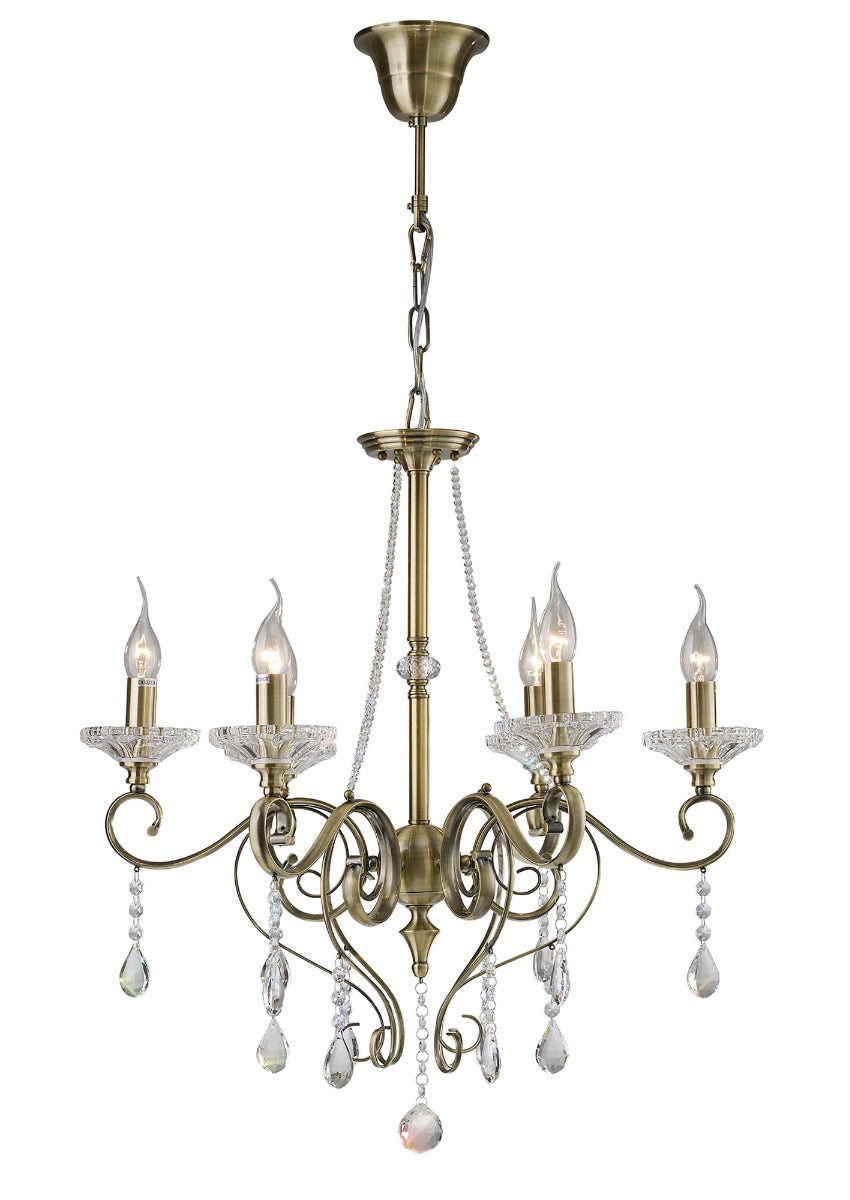 Diyas Libra 6 Light Pendant Light in Antique Brass with Crystal
