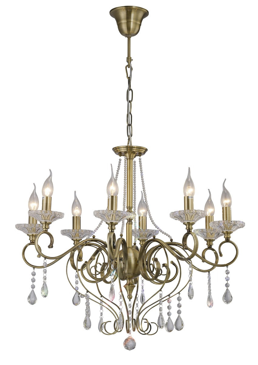 Diyas Libra 8 Light Pendant Light in Antique Brass with Crystal