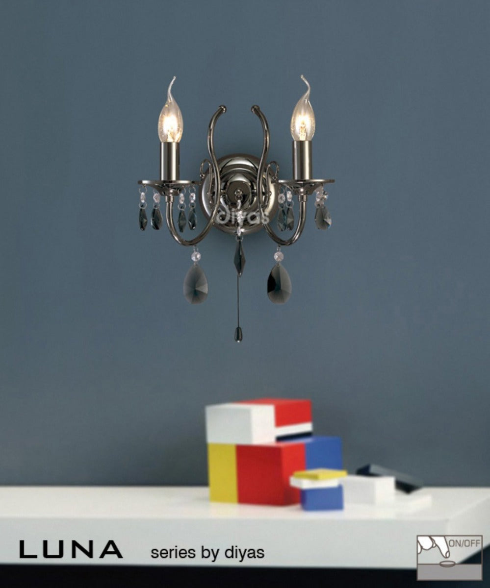 Diyas Luna 2 Light Wall Light in Black Chrome with Crystal