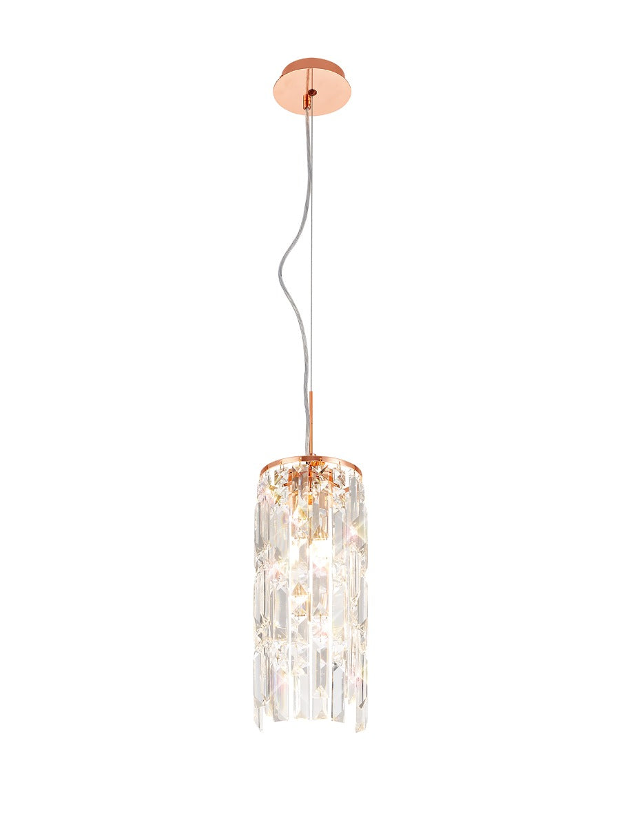 Diyas Maddison 2 Light Cylinder Pendant Light in Rose Gold with Crystal