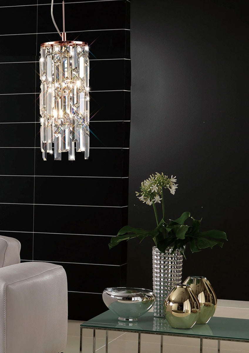 Diyas Maddison 2 Light Cylinder Pendant Light in Rose Gold with Crystal