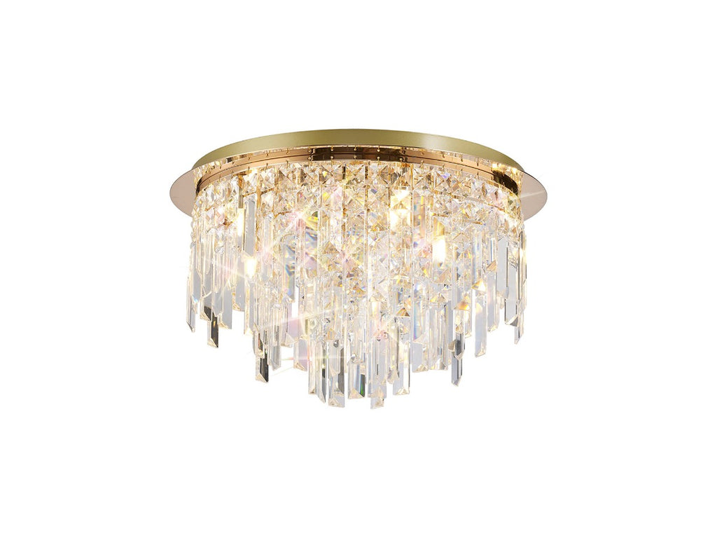 Diyas Maddison 6 Light Round Flush Ceiling Light in French Gold with Crystal