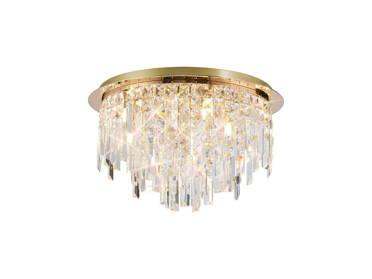 Diyas Maddison 6 Light Round Flush Ceiling Light in French Gold with Crystal