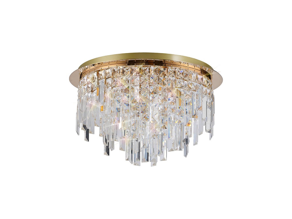 Diyas Maddison 6 Light Round Flush Ceiling Light in French Gold with Crystal