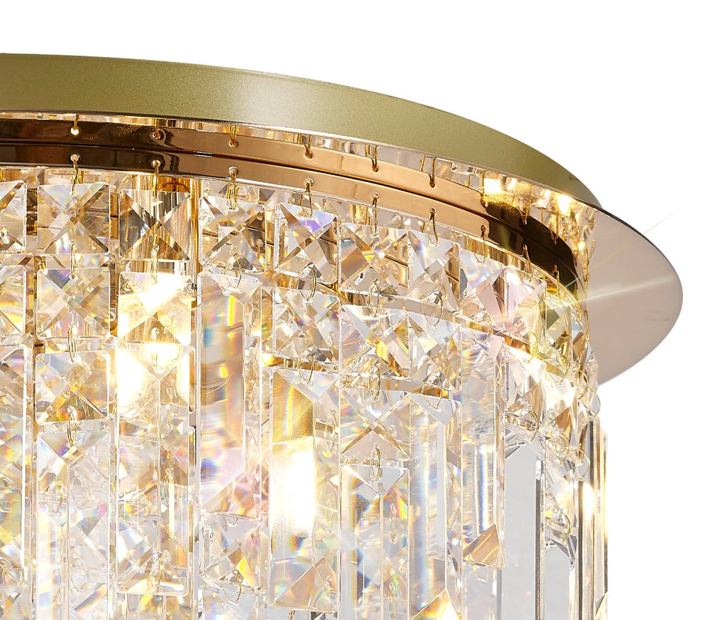 Diyas Maddison 6 Light Round Flush Ceiling Light in French Gold with Crystal