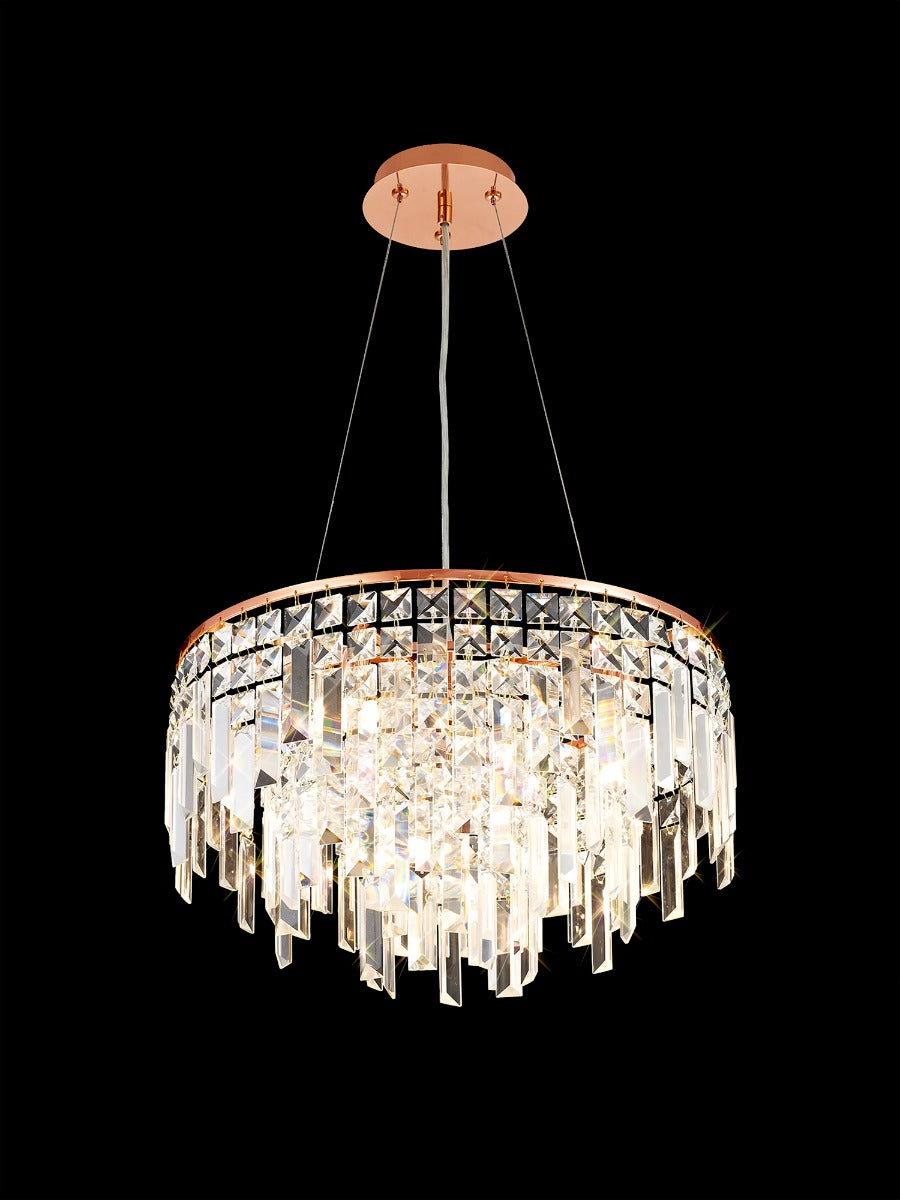 Diyas Maddison 6 Light Round Pendant Light in Rose Gold with Crystal