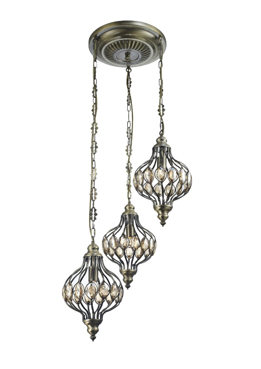 Diyas Marisa 3 Light Pendant Light in Antique Brass with Crystal