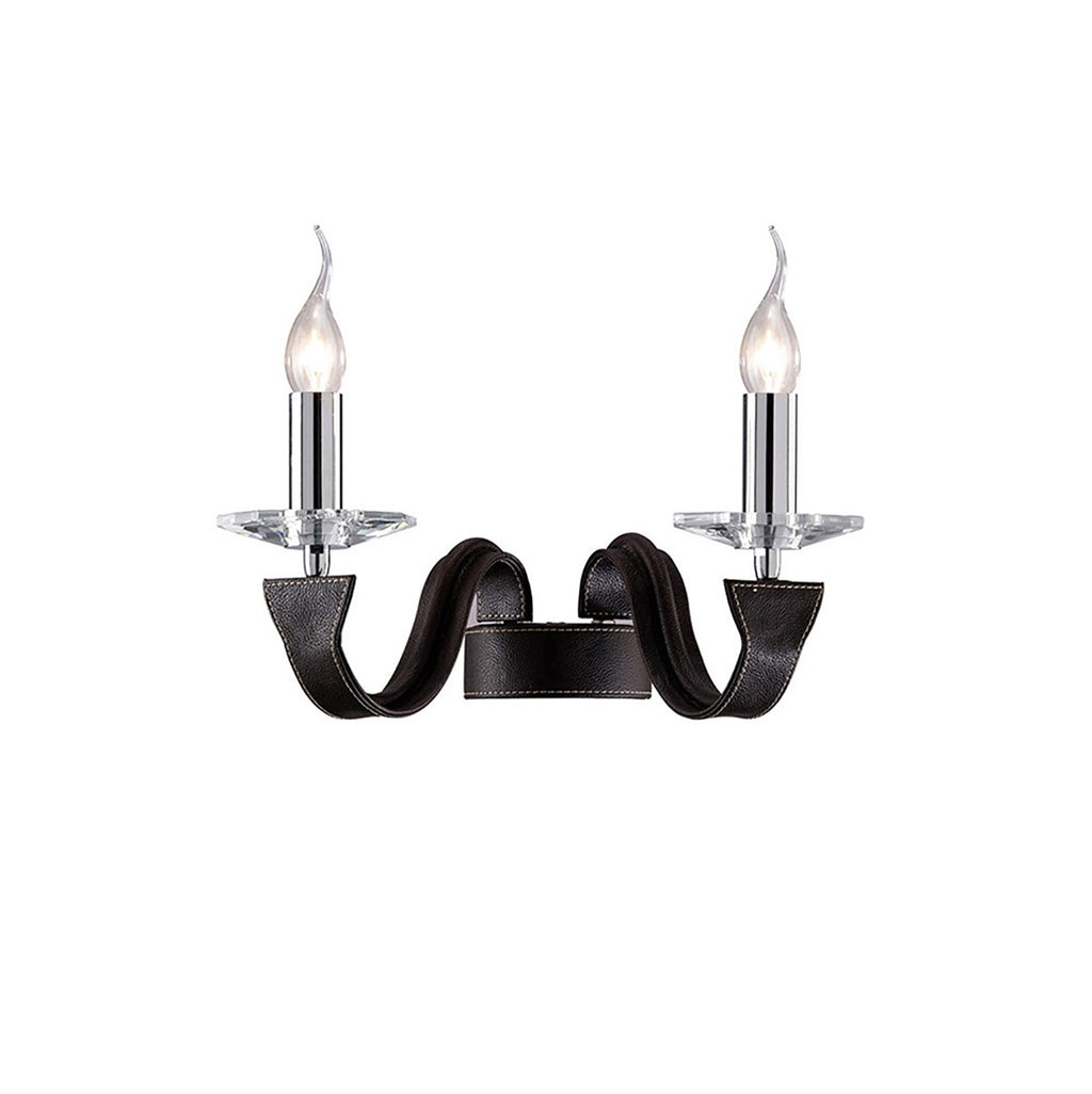 Diyas Nardini 2 Light Wall Light in Polished Chrome with Dark Brown Faux Leather and Crystal