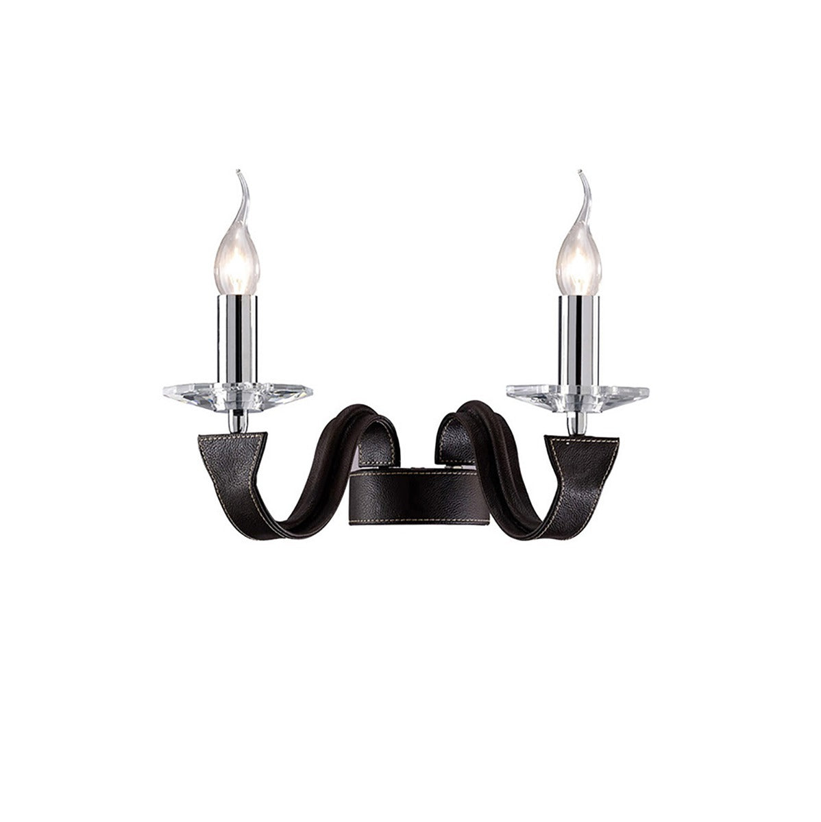 Diyas Nardini 2 Light Wall Light in Polished Chrome with Dark Brown Faux Leather and Crystal